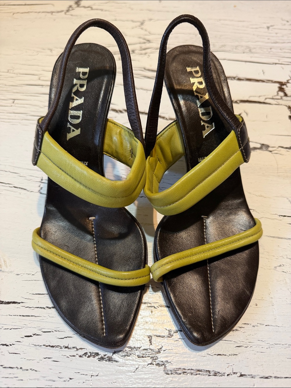 Prada Black Leather Slingback Sandals with Lime Green Straps